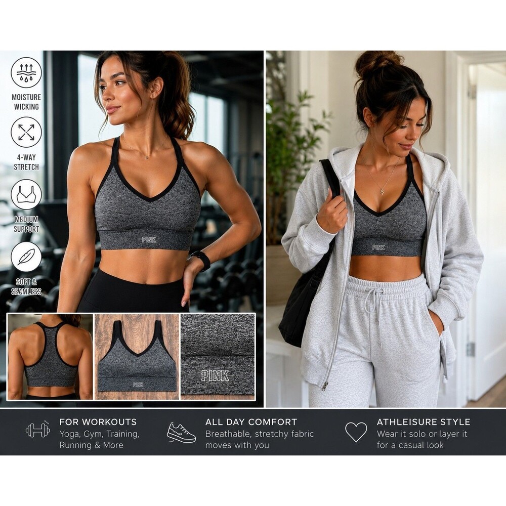 PINK Victoria's Secret Women Small Seamless Sports Bra Heather Gray Racerback...